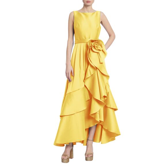 Badgley Mischka Dresses & Skirts - Badgley Mischka Women's Cascading Ruffle Rosette Gown Sleeveless Yellow Size 6